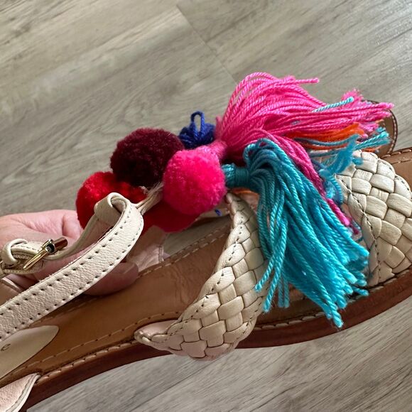Kate Spade New York Sunset Sandals Pom Poms Tassles Woven Leather Straps Size 9 - Picture 8 of 12